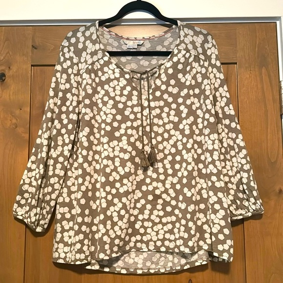 Boden Peasant Tunic blouse Womens 12 wool blend Tan/White long sleeves office - Picture 1 of 7